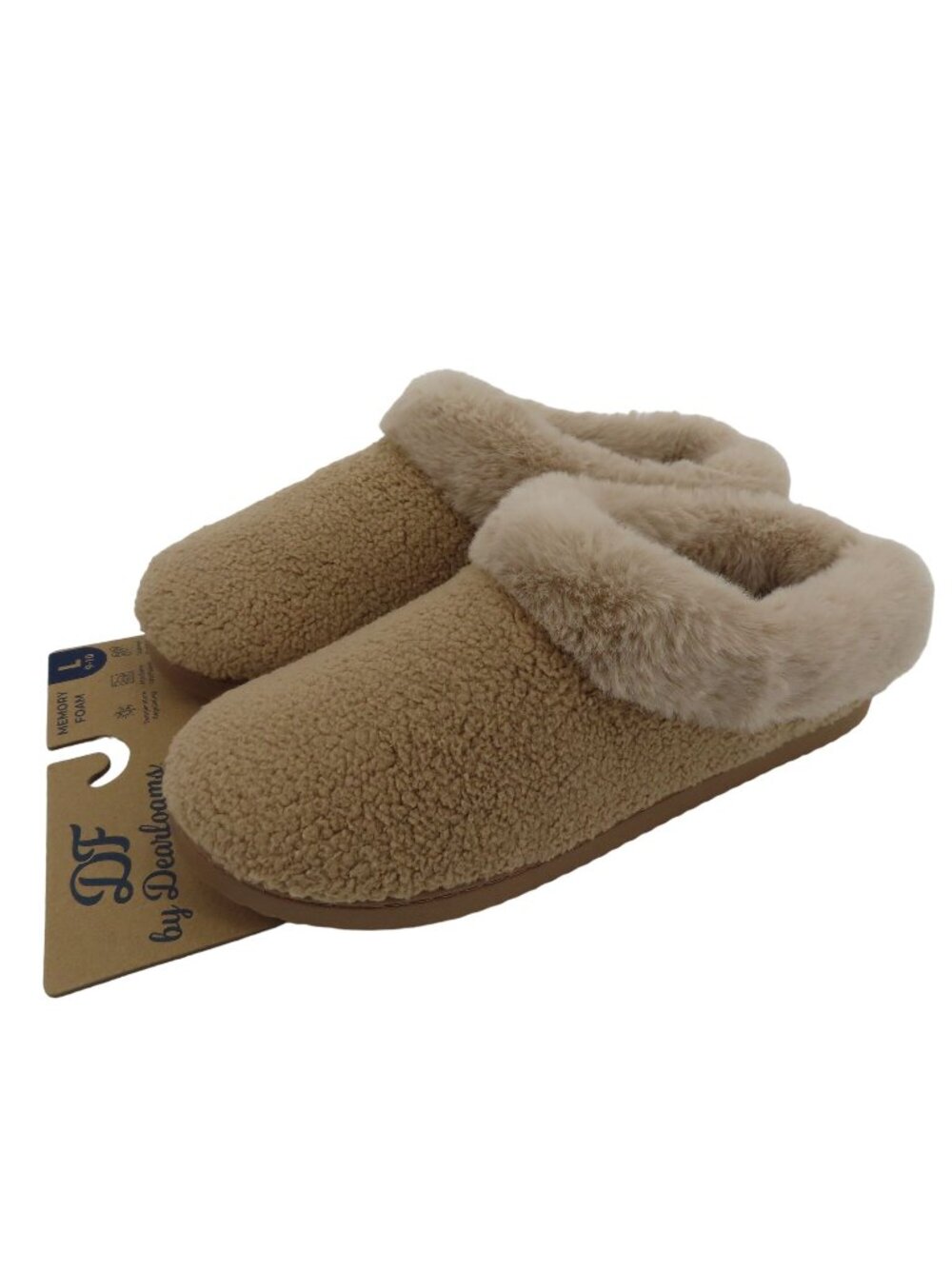 Dearfoams Women Large 9-10 Beige Fuzzy Memory Foam Indoor Outdoor Slippers NEW